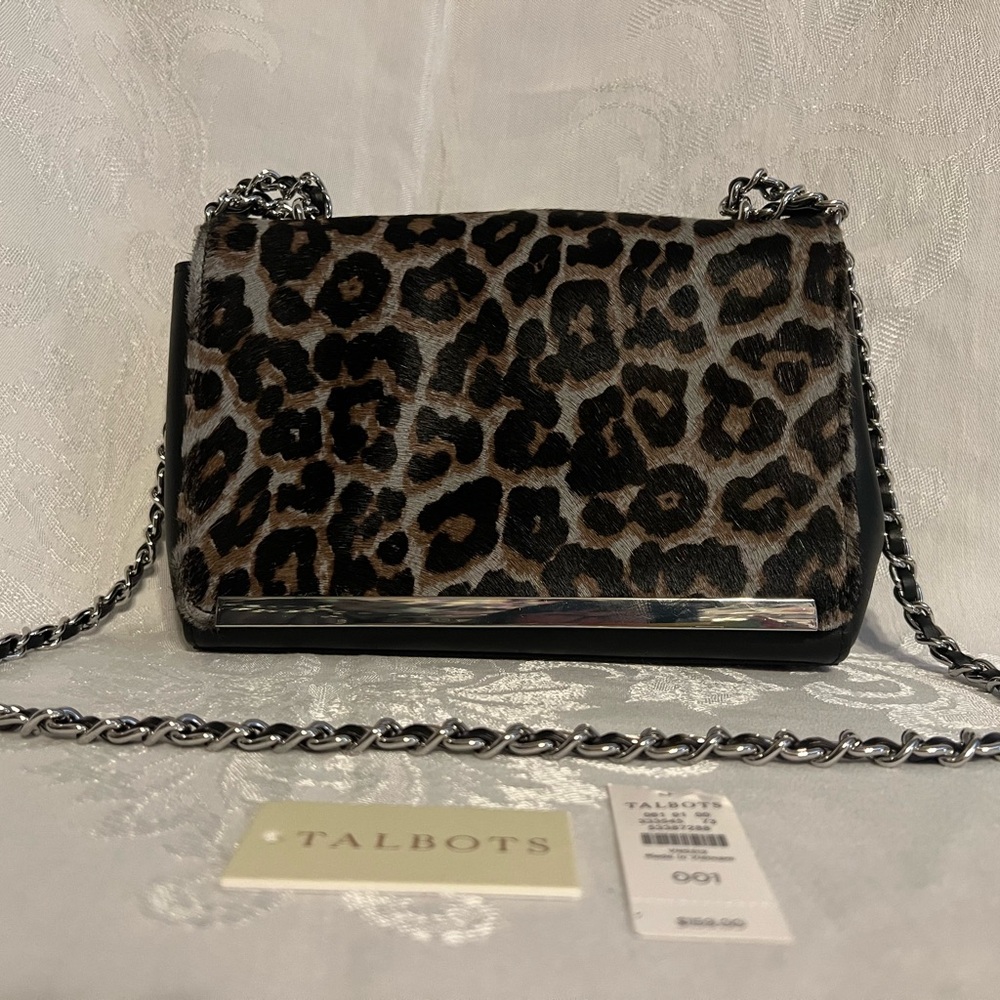 Talbots leopard print calf hair and black leather shoulder bag with silver chain